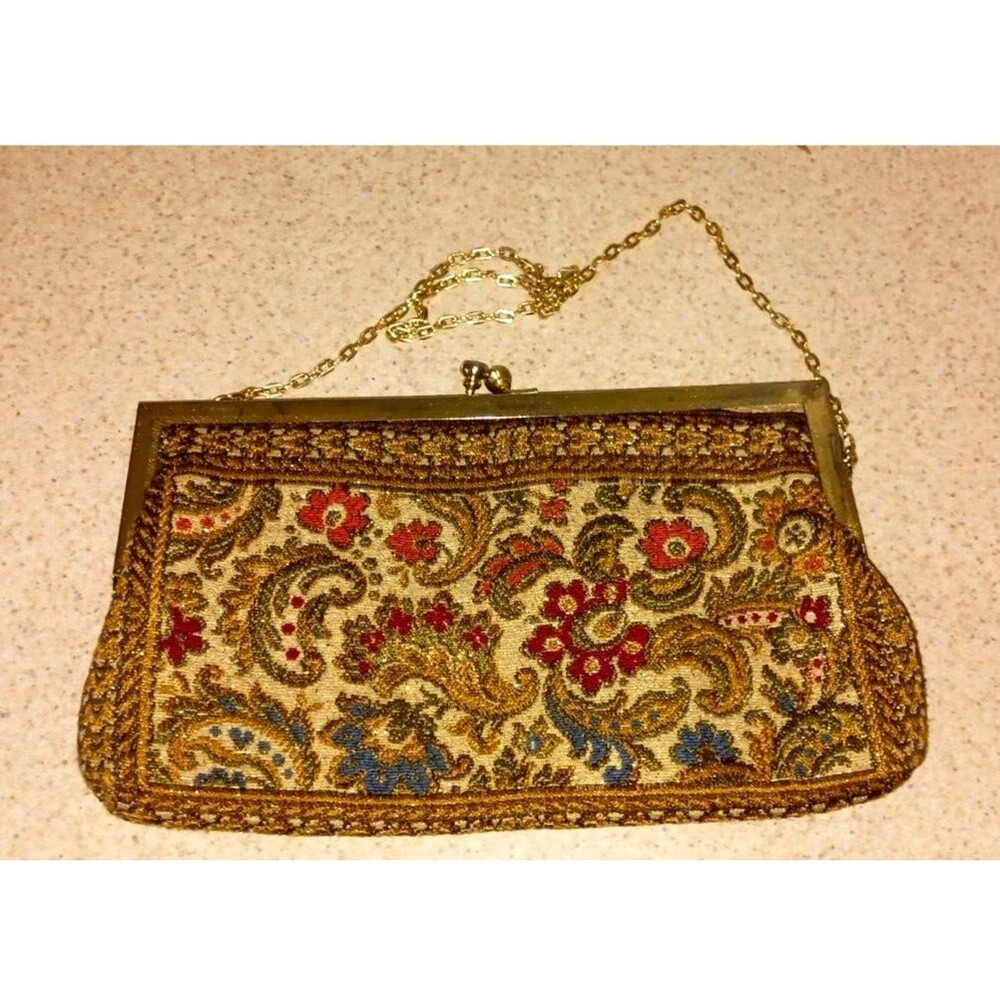 Vintage 1960s Floral Tapestry Evening Bag Kiss Lock Gold Chain Purse Hong Kong
